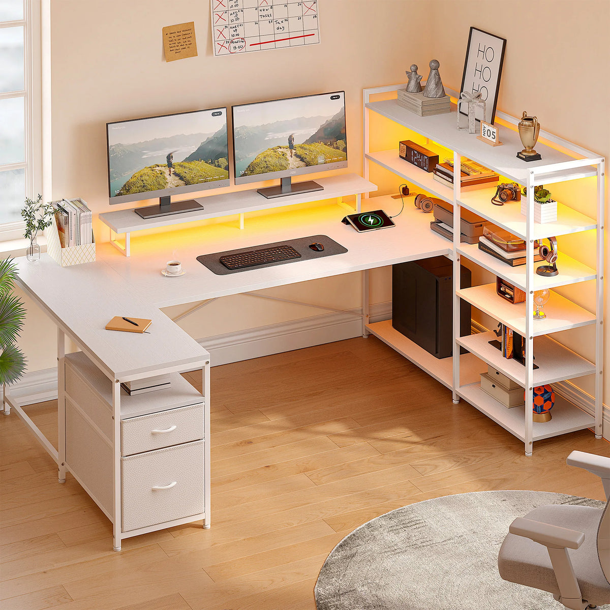 EnHomee Gaming Desk With Storage Shelves, Drawers And USB Outlet