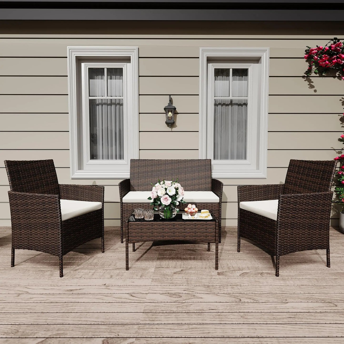 HiMISS 4 Piece Outdoor Rattan Bistro Set With Cushioned Sofa