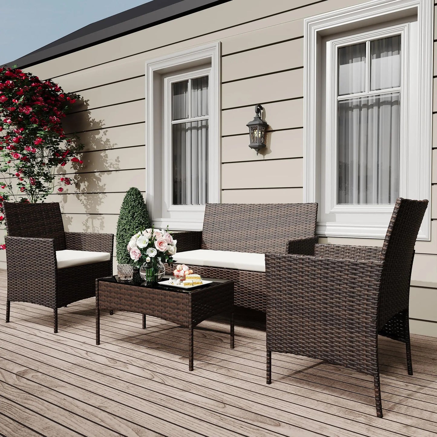HiMISS 4 Piece Outdoor Rattan Bistro Set With Cushioned Sofa
