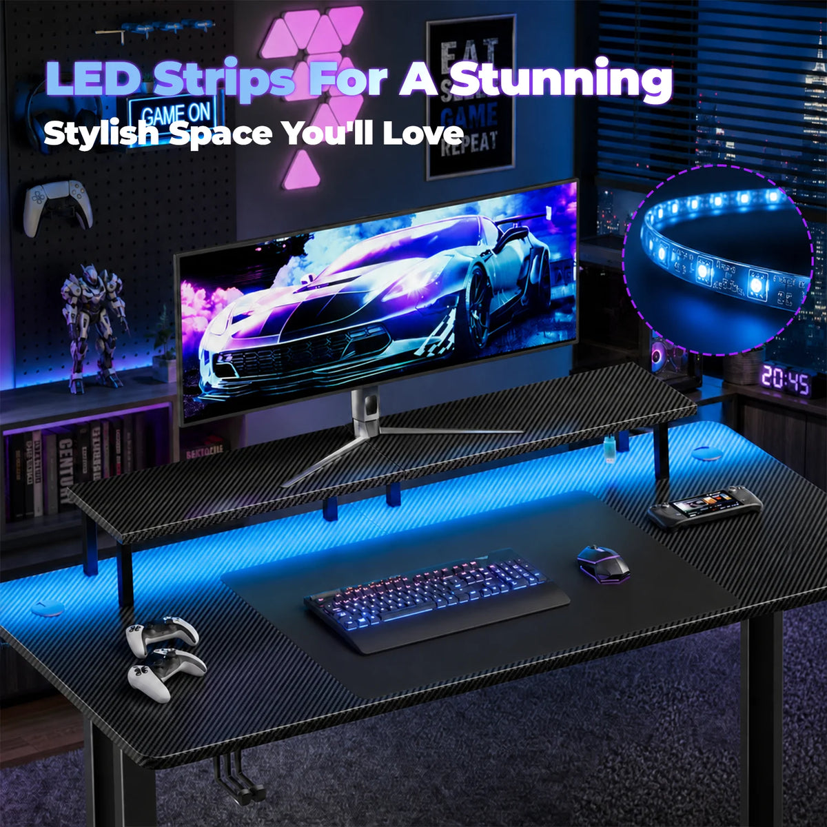 NEBMAAX RGB Gaming Desk With LED Lights And Monitor Stand