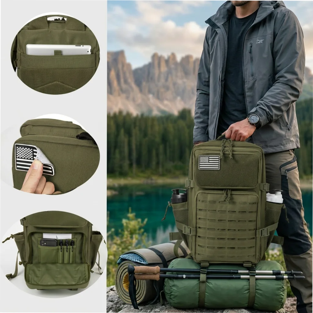45L Tactical Backpack For Men With MOLLE Webbing System Outdoor Survival Gym Fitness Hiking Rucksack Dual Cup Holders Camping Travel Daily Work Commute Large Capacity Storage Backpack