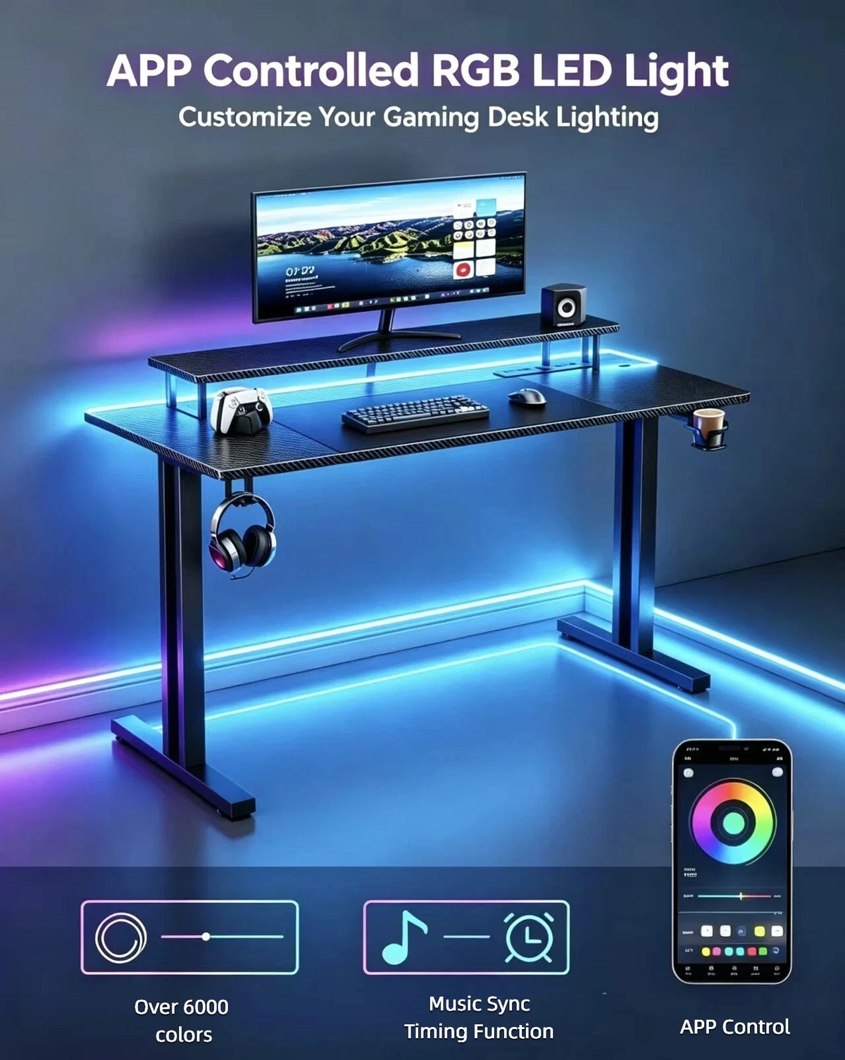 NEBMAAX RGB Gaming Desk With LED Lights And Power Strip