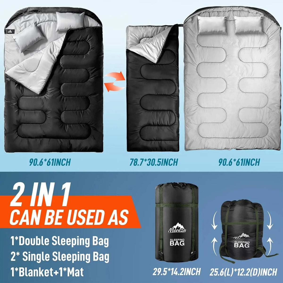 XL Queen Size Double Sleeping Bag for Adult Men, 2 Person Sleeping Bags with Pillow, All Season Camping Hiking Backpacking, Warm & Cold Weather