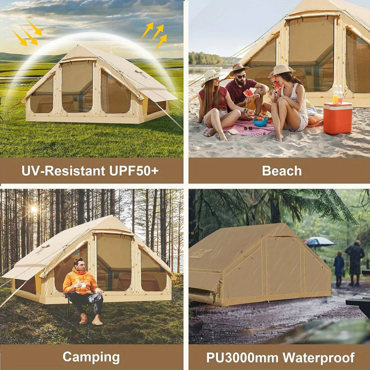Inflatable Camping Tent 1-6 Person, Large Inflatable Camping Tent with Stove Jack, with Skylight and Double Doors, Outdoor Tent