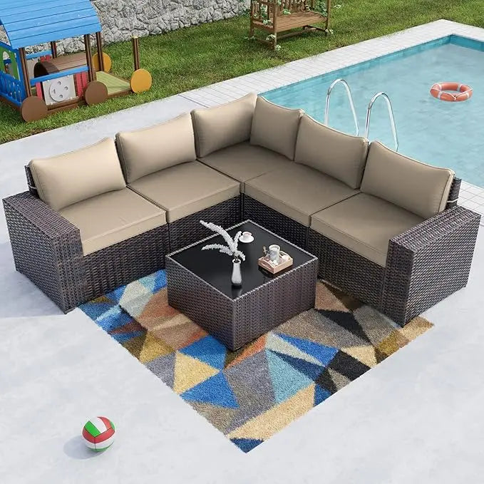 7 Pieces Outdoor Patio Furniture Set,Sectional Rattan Sofa Set Brown PE Rattan Wicker Patio Conversation Set with Tempered Glass