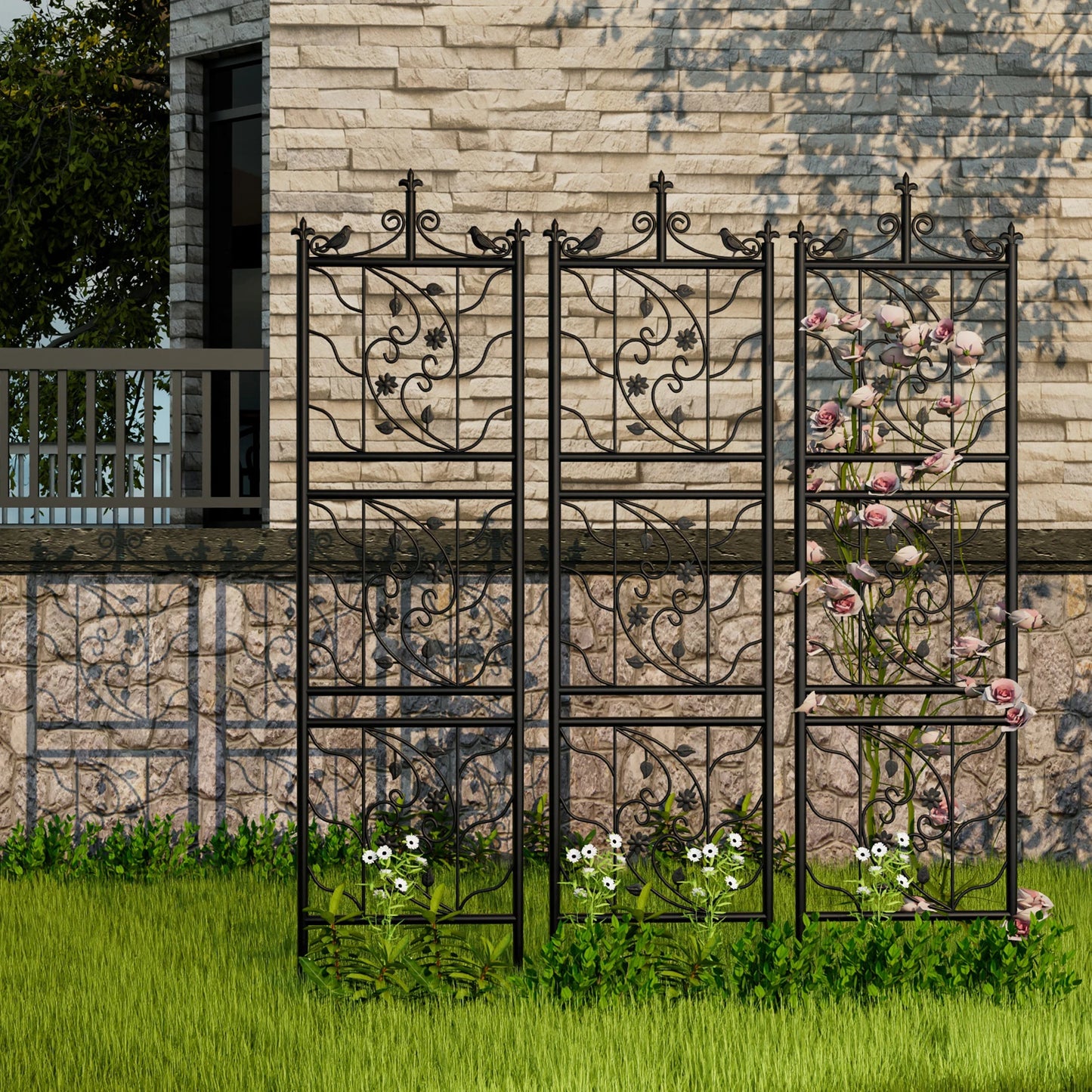 Thick Metal Garden Trellis Bird Leaf Grid Fence Panel