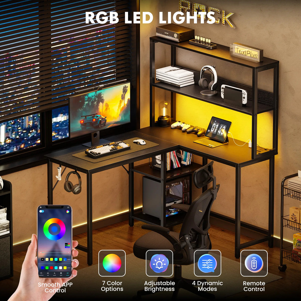 JHK Reversible L Shaped Gaming Desk With LED And USB Power