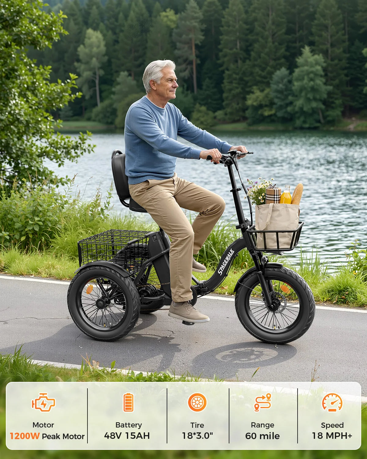 Spacewalk Folding Electric Trike For Adults With Cargo Basket