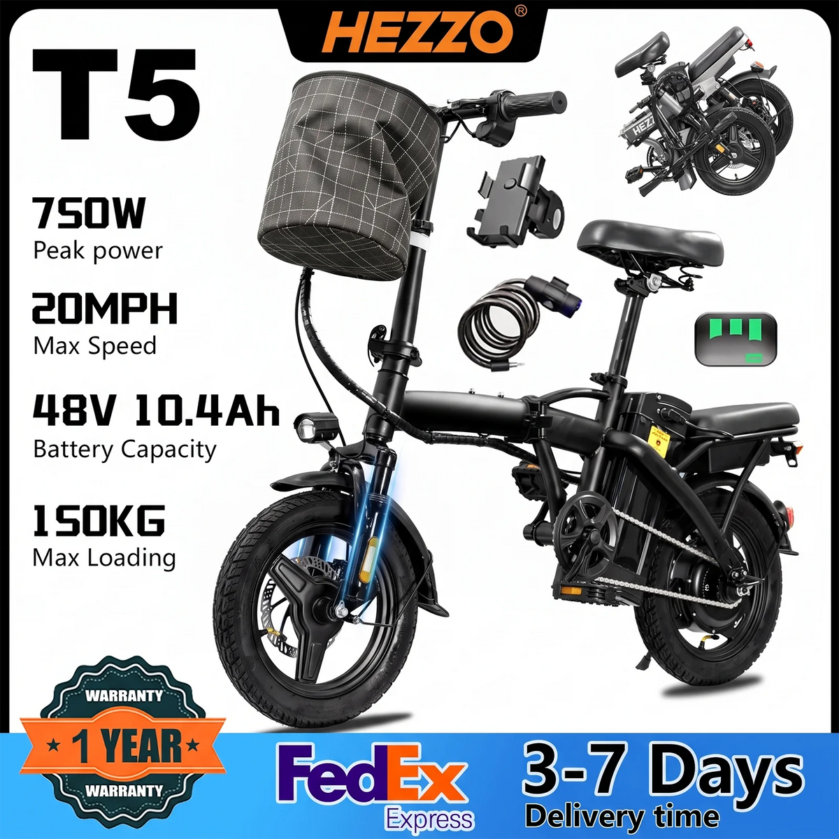 T5 Lightweight Folding Electric Bike for Adults 48V 750W Peak Power 20MPH 18-22 Miles Range 14Inch Disc Brake Commuter E-bike