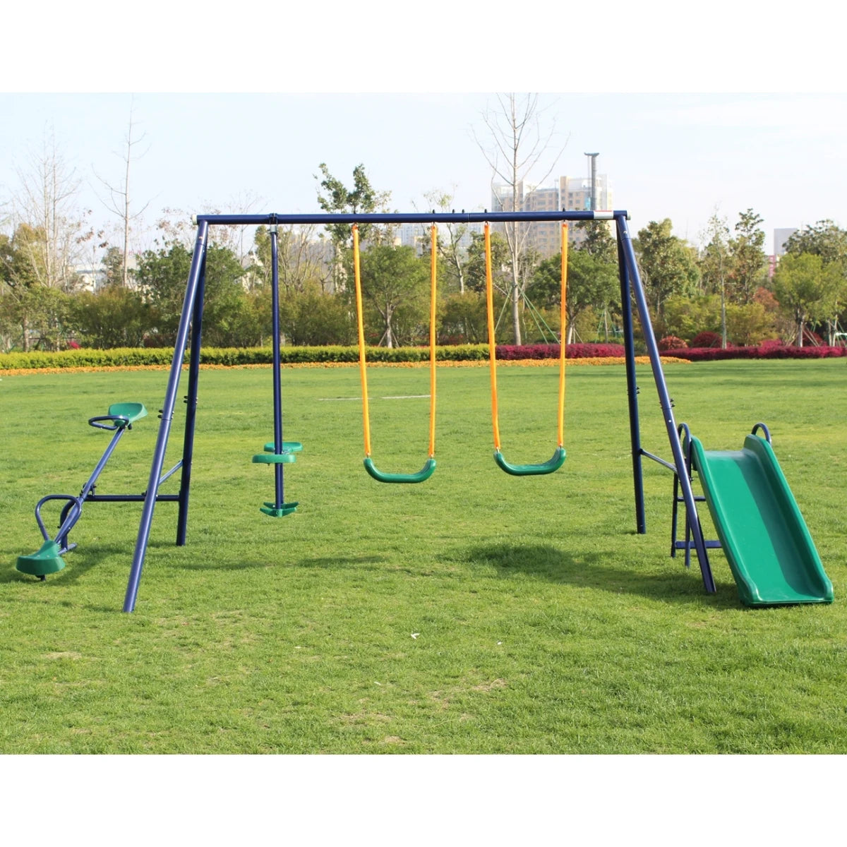 Backyard Swing Set With Seesaw, Slide, Belt Swing And Glider