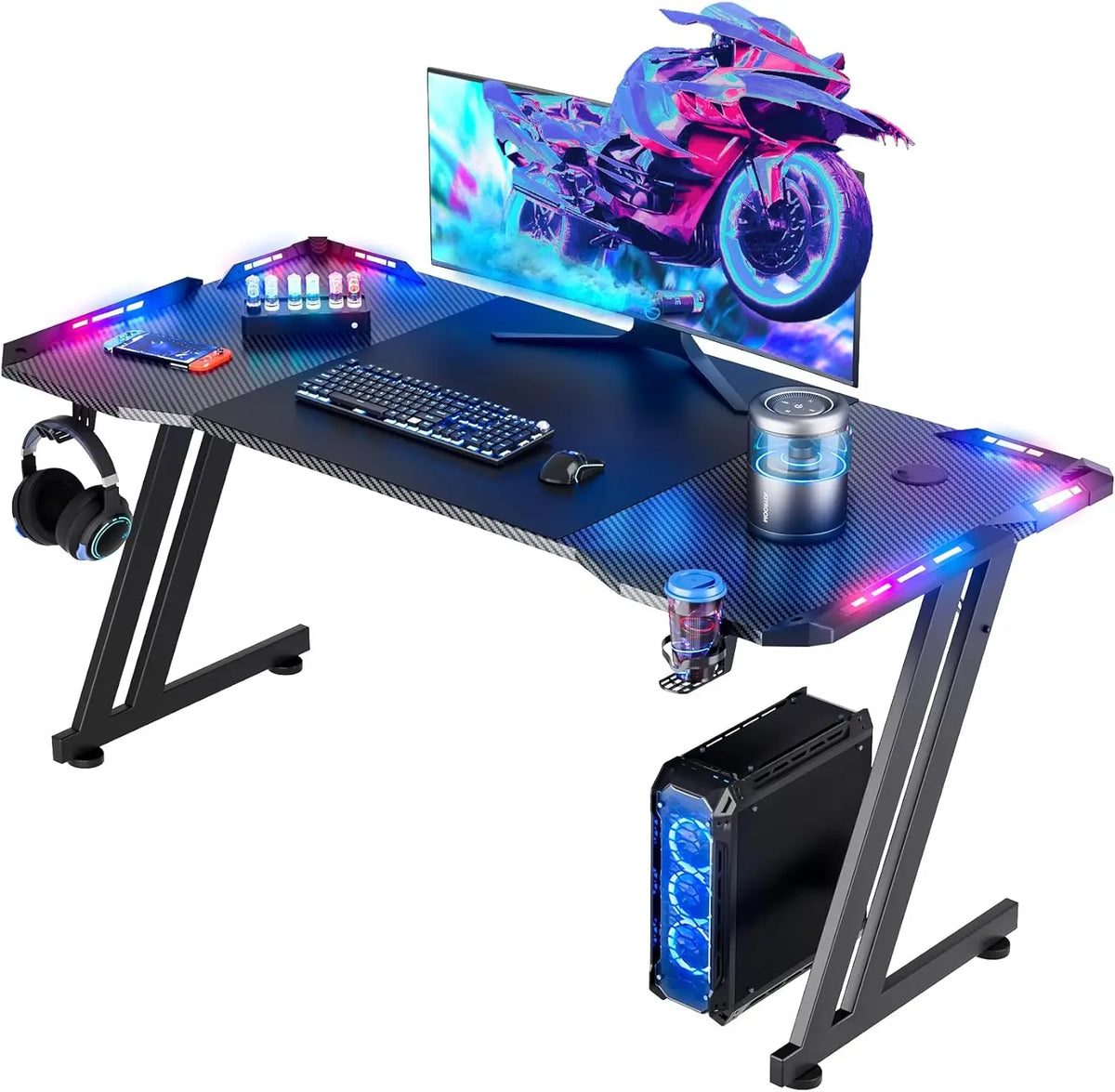 FRODROVIA Ergonomic Gaming Desk With LED Lights And Cup Holder