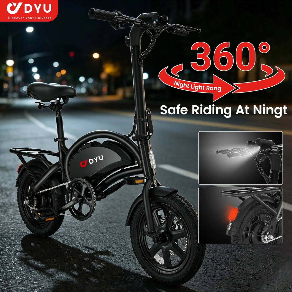 DYU D3F 14 inch Folding Electric Bike Peak 500W Motor 280.8WH Battery Electric Bicycle,20mph City E-bike