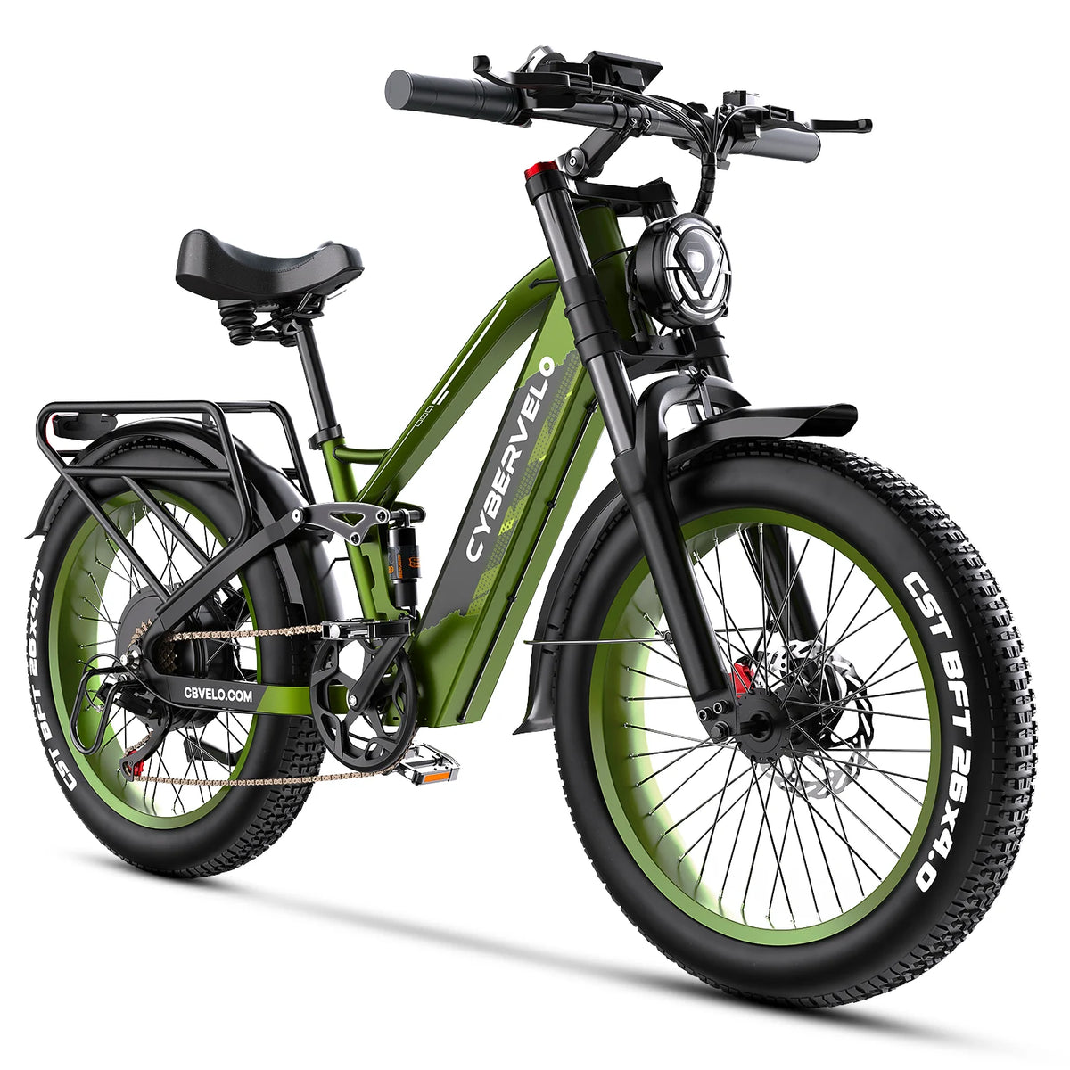 Cybervelo 5000W Peak Fat Tire Electric Bike 26"x4.0 All Terrain Mountain Commuter Ebike 7-Speed Up to 120 Miles 52V 40Ah/60V 50Ah Battery EK9