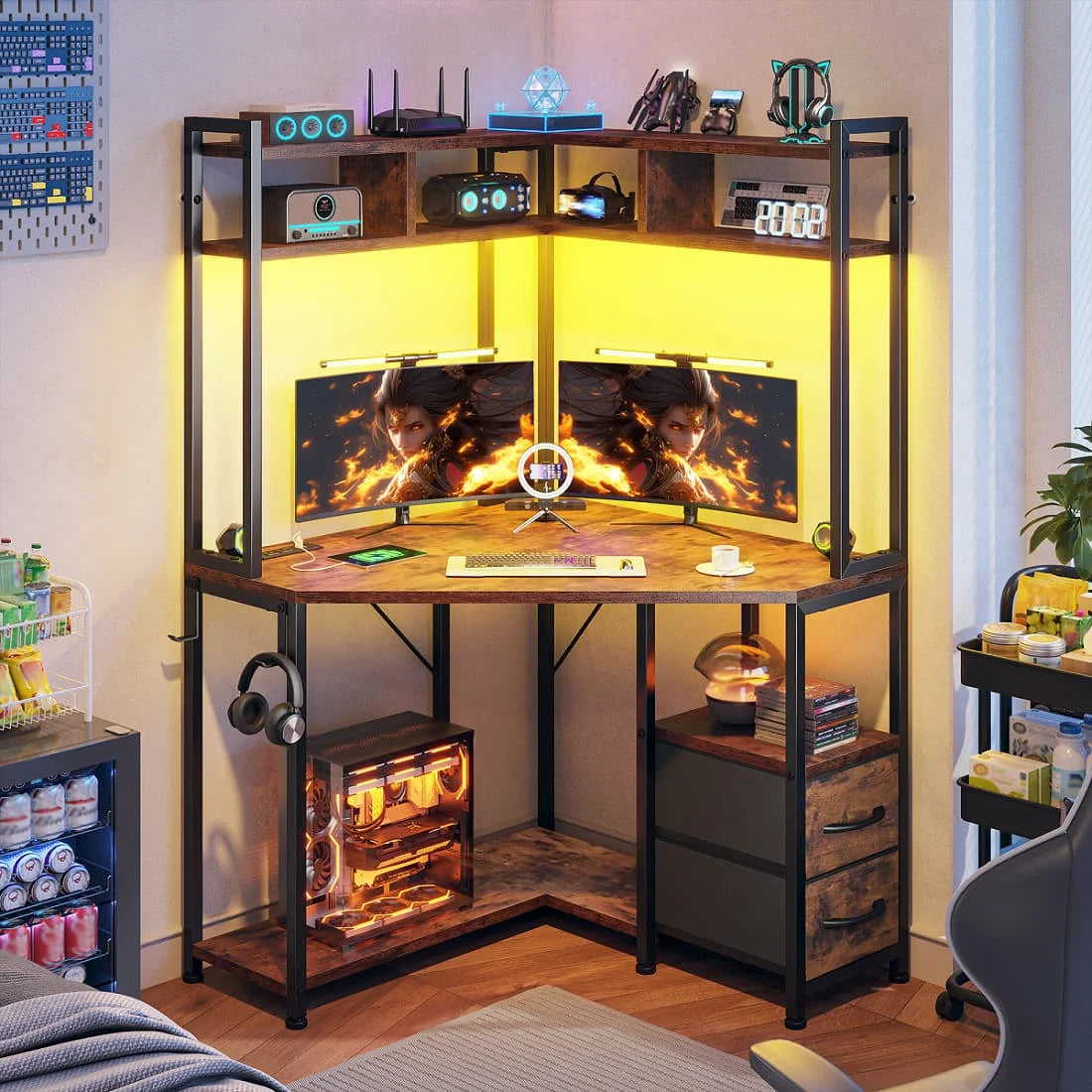EnHomee Corner Gaming Desk With LED Lights Outlets And Storage