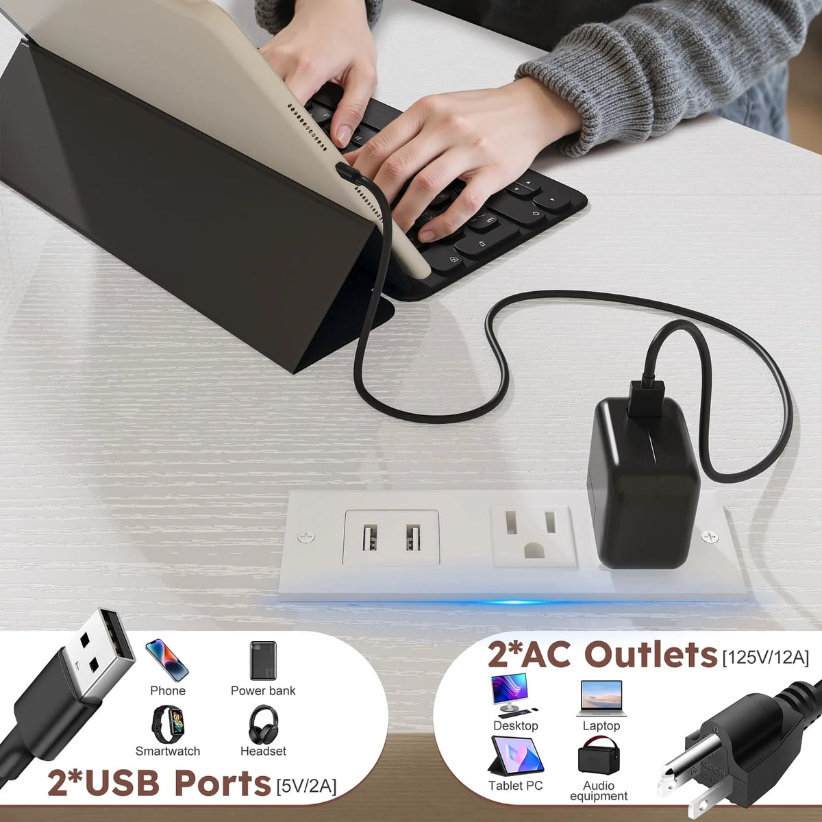 EnHomee Corner Gaming Desk With LED Lights Outlets And Storage