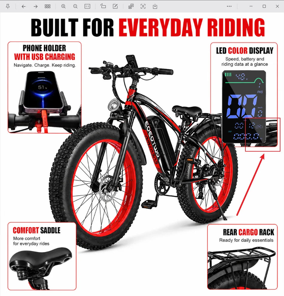 Electric Bike for Adults Teens, 1500W Motor, 34 Mph & 60 Miles, 26" Fat Tire All-Terrain Electric Mountain Bike with 48V 15AH Removable Battery, Dual Brake Off-Road Ebike