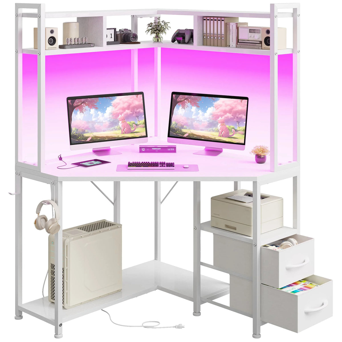 EnHomee Corner Gaming Desk With LED Lights Outlets And Storage