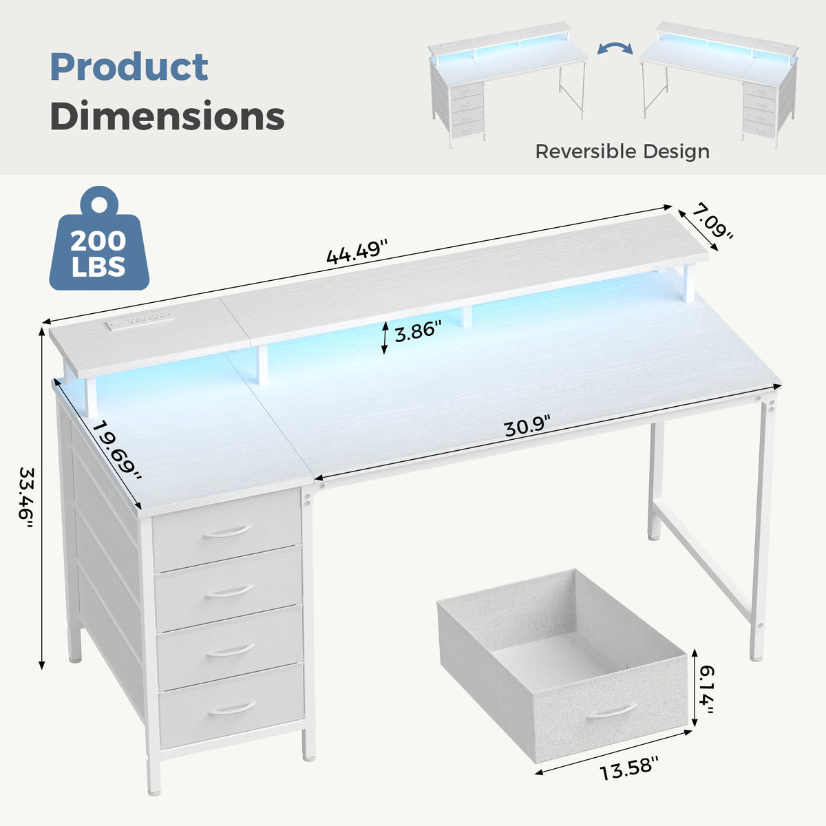JHK 40In to 47In Gaming Computer Desk with 4 Storage Drawers Wood Office Desks with Power Outlets and LED Lights for Home Office