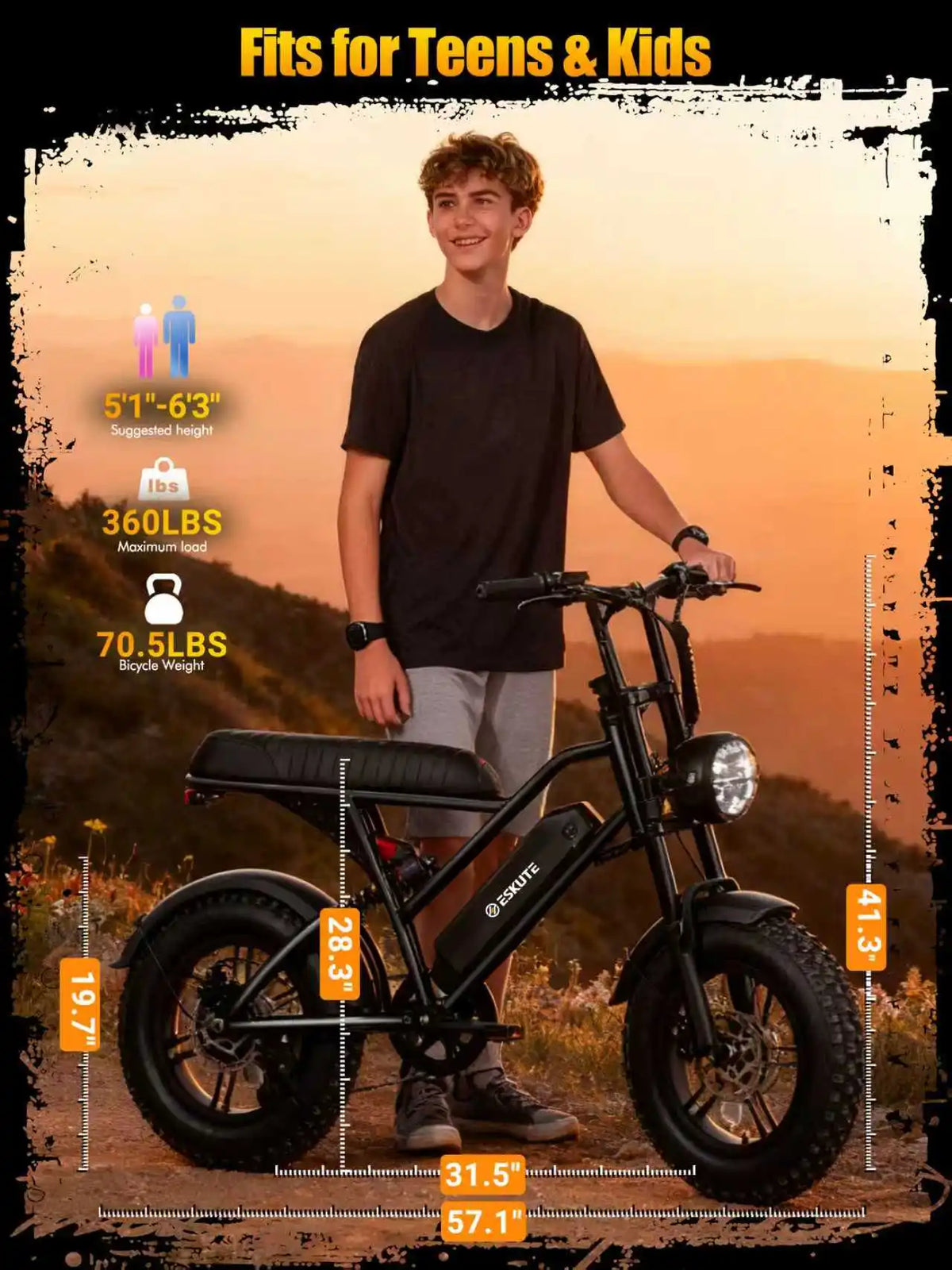 Eskute V100 Electric Dirt Bike, 1500W Peak 20MPH+ 48V13Ah Battery Motorcycle, All Terrain Dual Suspension E Bike , Ebike Up to 60 Miles Range, 16"x4" Fat Tire,  7-Speed，UL2849