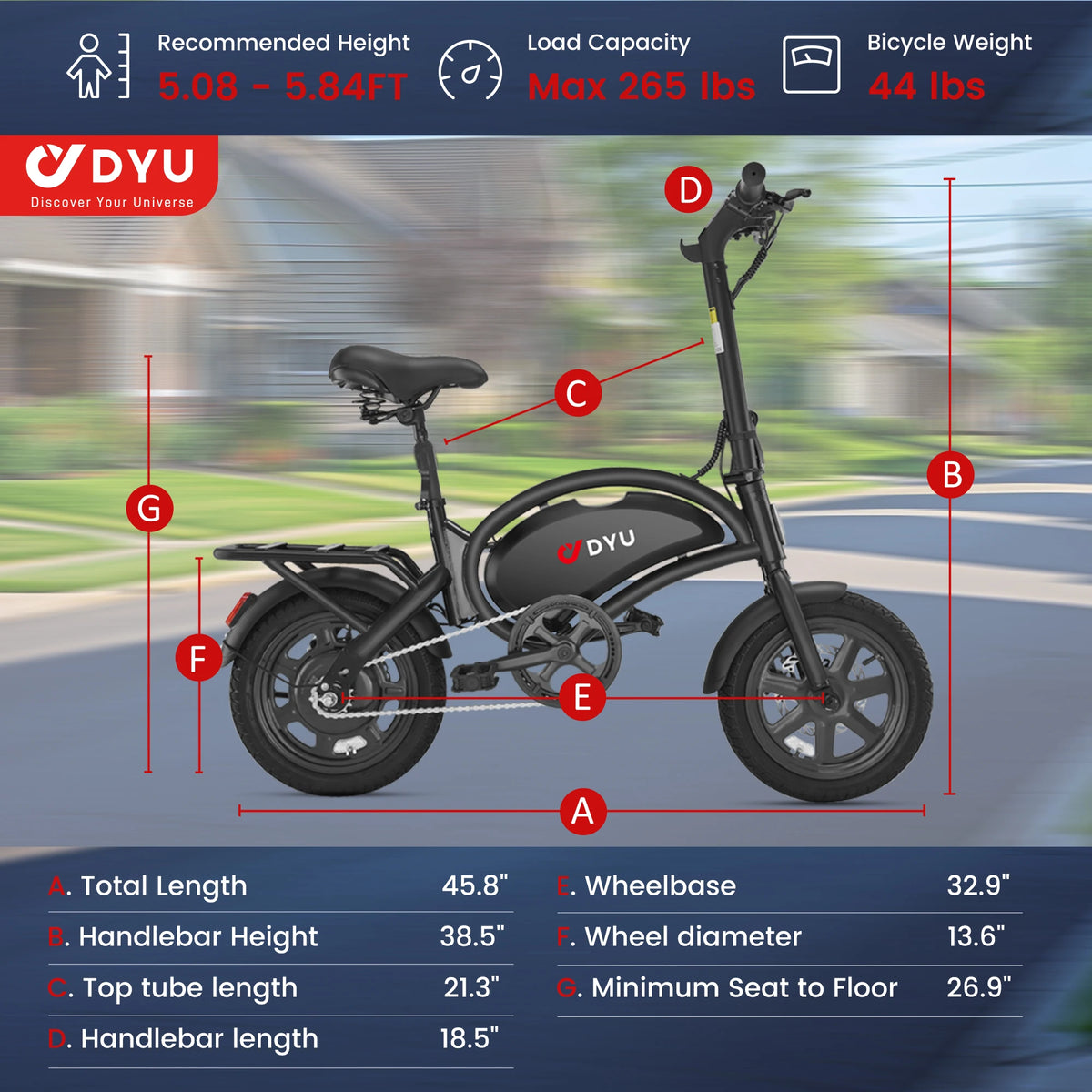 DYU D3F 14 inch Folding Electric Bike Peak 500W Motor 280.8WH Battery Electric Bicycle,20mph City E-bike