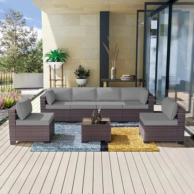 7 Pieces Outdoor Patio Furniture Set,Sectional Rattan Sofa Set Brown PE Rattan Wicker Patio Conversation Set with Tempered Glass
