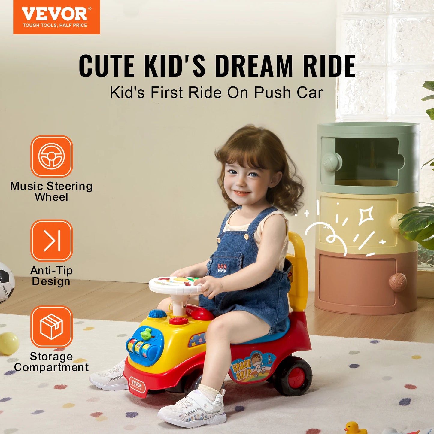 SucceBuy Push Ride On Car With Music And Steering Wheel