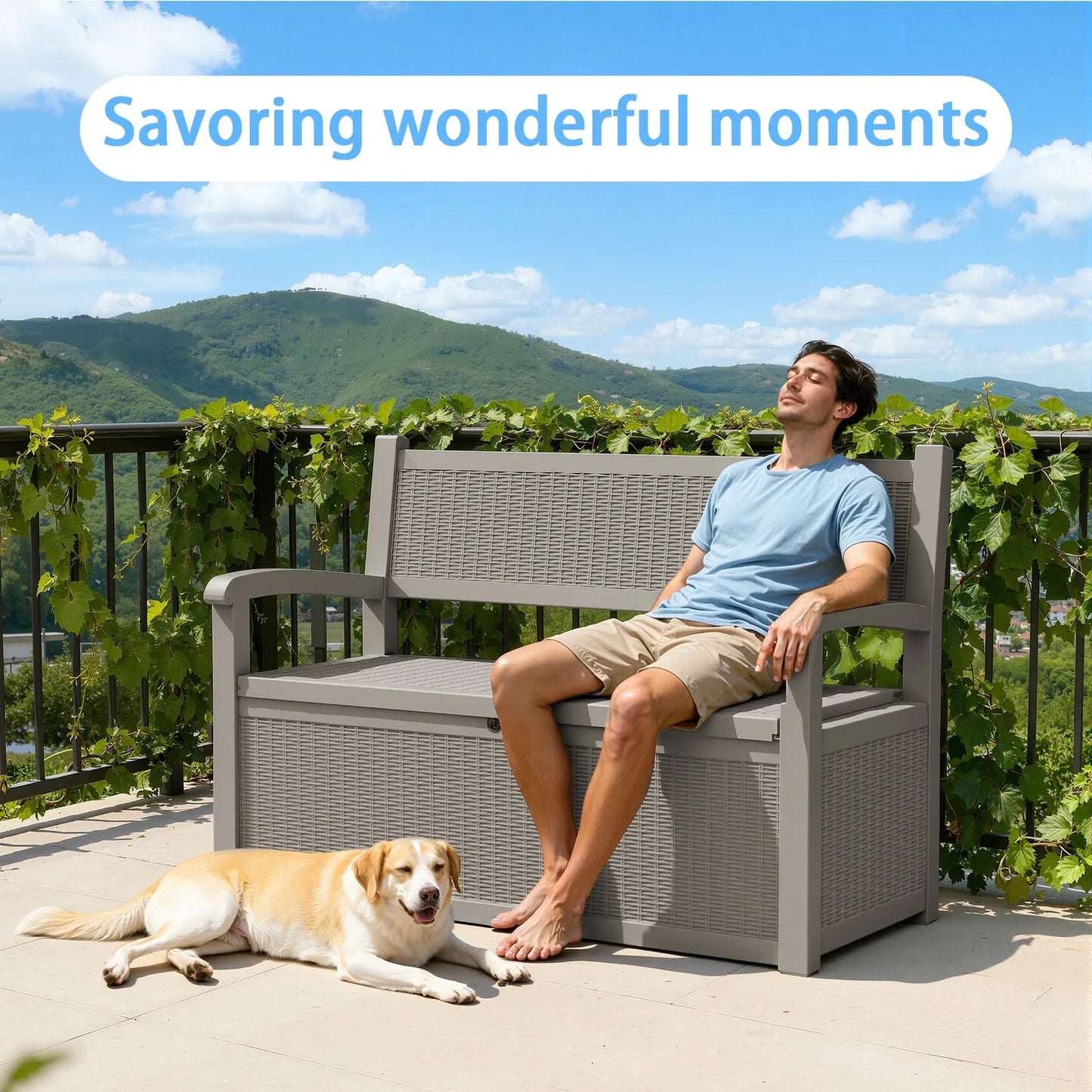 Outdoor Storage Bench with Rattan Look, Light Brown, Weatherproof Resin Patio Bench with Storage Box for Garden Backyard Poolside