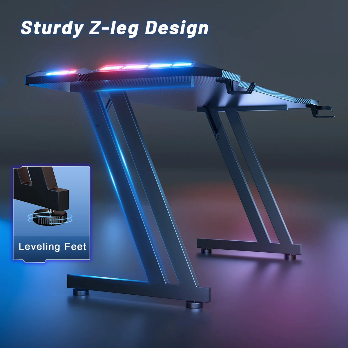 FRODROVIA Ergonomic Gaming Desk With LED Lights And Cup Holder
