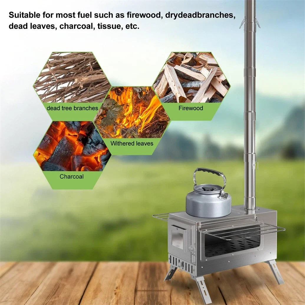 Unho Portable Wood Burning Stove With Stainless Steel Chimney Pipes