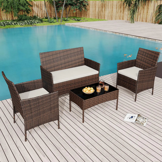 HiMISS 4 Piece Outdoor Rattan Bistro Set With Cushioned Sofa
