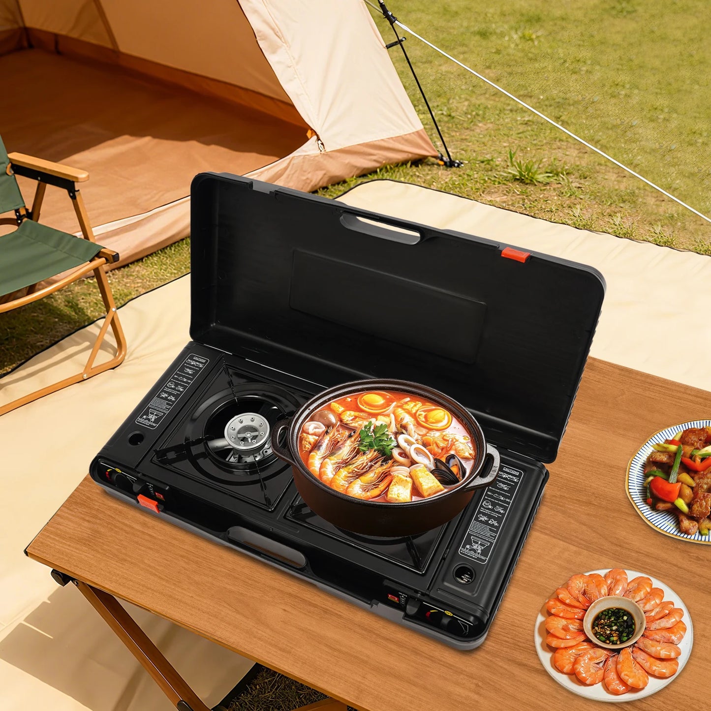 Portable Double Burner Gas Stove With Piezo Ignition And Case