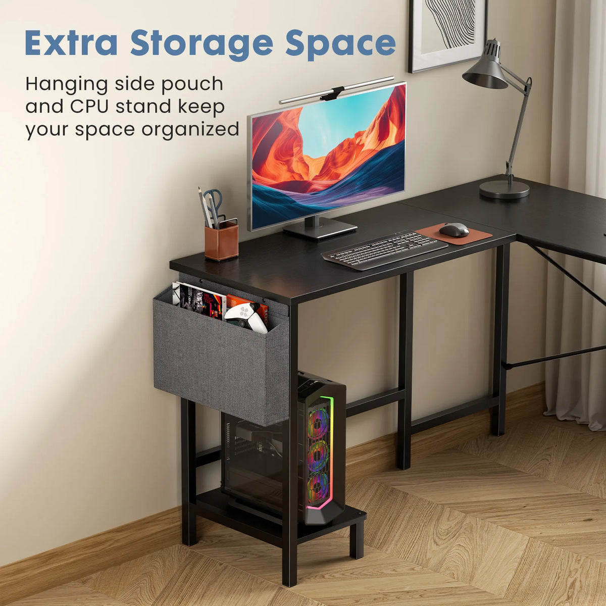 MCQ L Shaped Standing Office Computer Desk with Storage Bag and Side Hook Ergonomic Computer Corner Gaming Desk with PC Stand for Home Office Use Workstation
