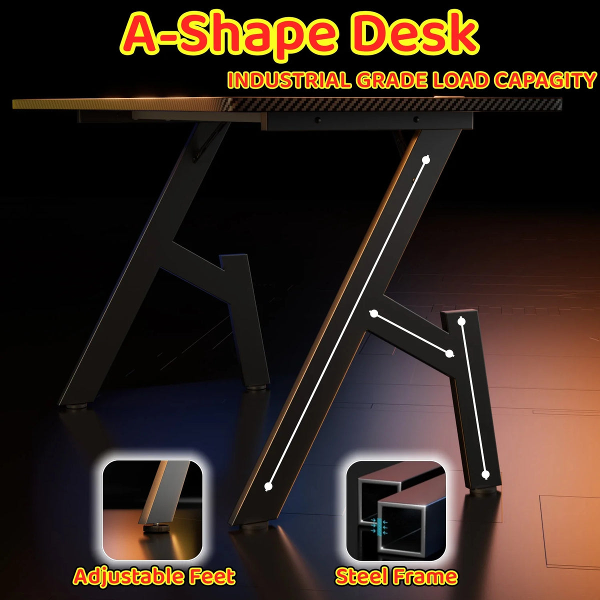 80/100/120/140cm Gaming Desk, A-Shaped Office Desk with Cup Holder Headphone, Modern Carbon Fiber Mesa Gamer for Home Office