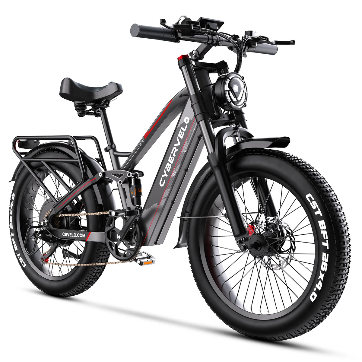 Cybervelo 5000W Peak Fat Tire Electric Bike 26"x4.0 All Terrain Mountain Commuter Ebike 7-Speed Up to 120 Miles 52V 40Ah/60V 50Ah Battery EK9