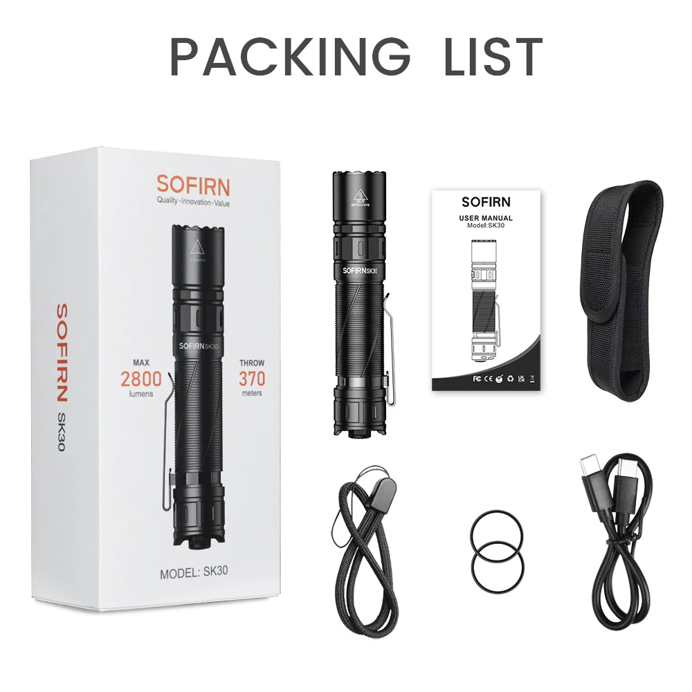Sofirn Sk30 Tactical Flashlight 3000 Lumen USB C Rechargeable Torch