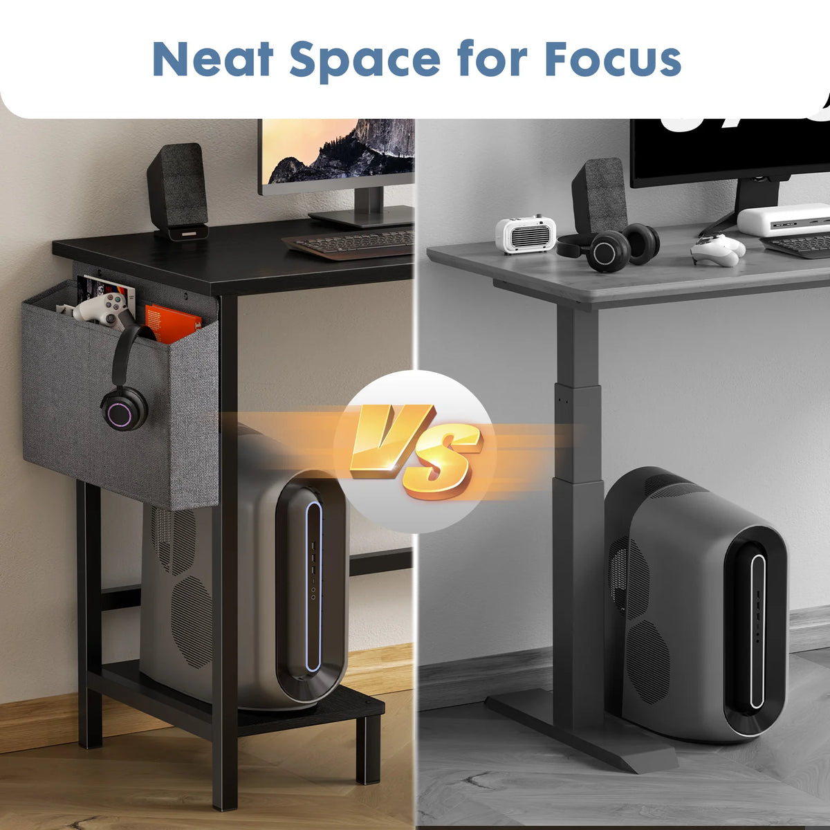 MCQ L Shaped Standing Office Computer Desk with Storage Bag and Side Hook Ergonomic Computer Corner Gaming Desk with PC Stand for Home Office Use Workstation