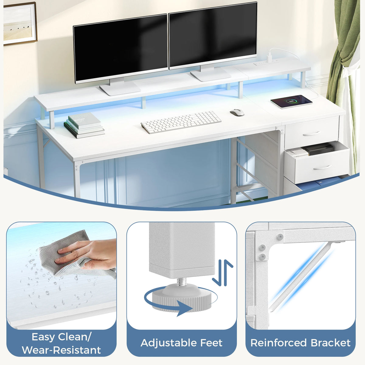 JHK 40In to 47In Gaming Computer Desk with 4 Storage Drawers Wood Office Desks with Power Outlets and LED Lights for Home Office