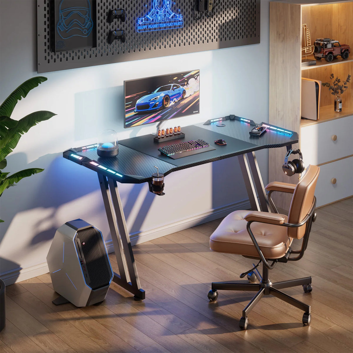 FRODROVIA Ergonomic Gaming Desk With LED Lights And Cup Holder