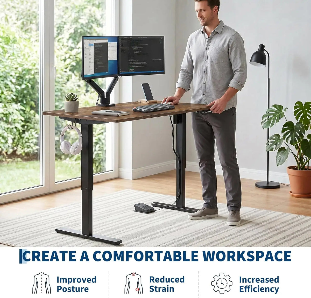 55x27.6 Inch Height Adjustable Electric Standing Desk Gaming Table Large Black Computer Workstation with Smooth Lift System US Standard Black White