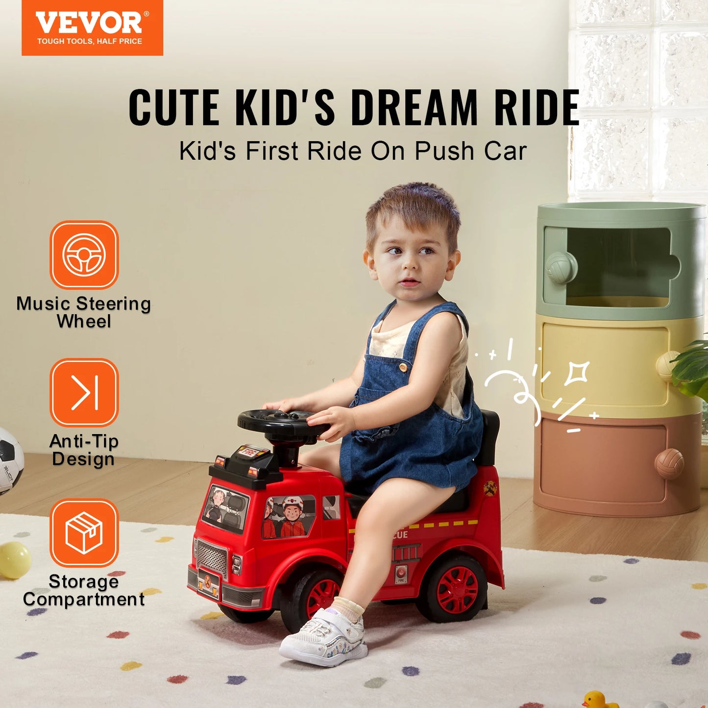 SucceBuy Kids Ride On Push Car With Music And Storage