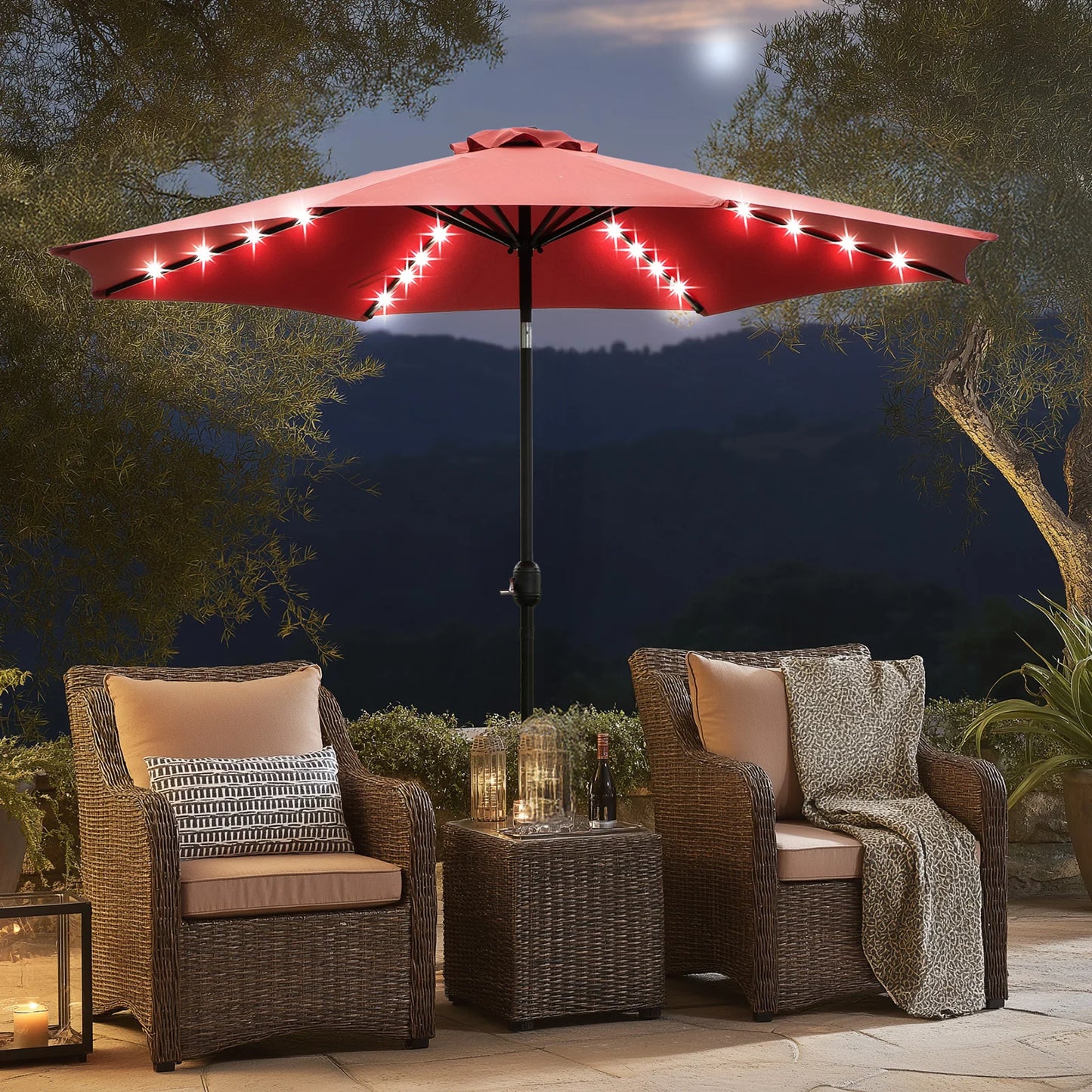 JHK Solar Patio Umbrella With 32 LED Lights UV Resistant