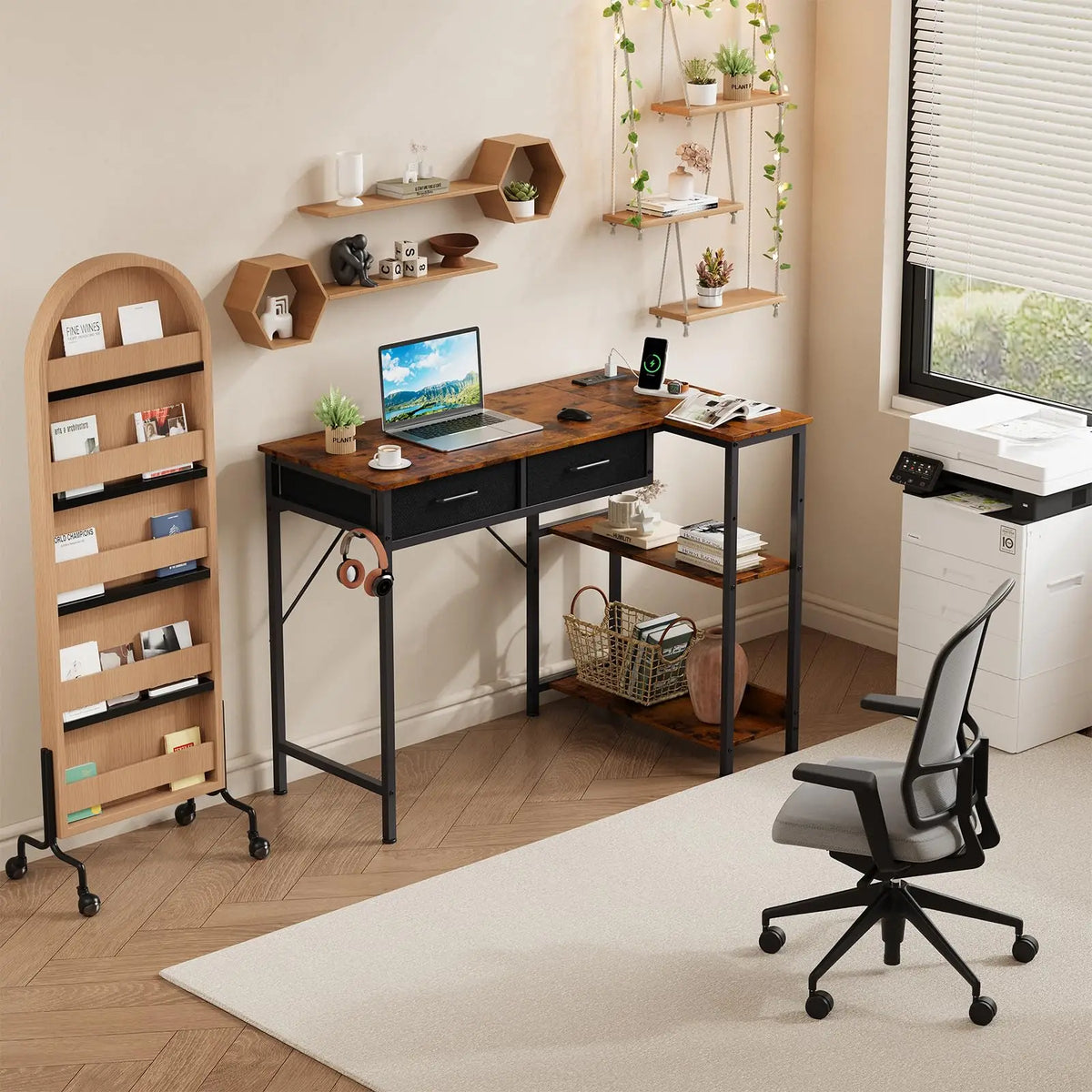 HiMISS Reversible L Shaped Gaming Desk With Drawers And Shelves