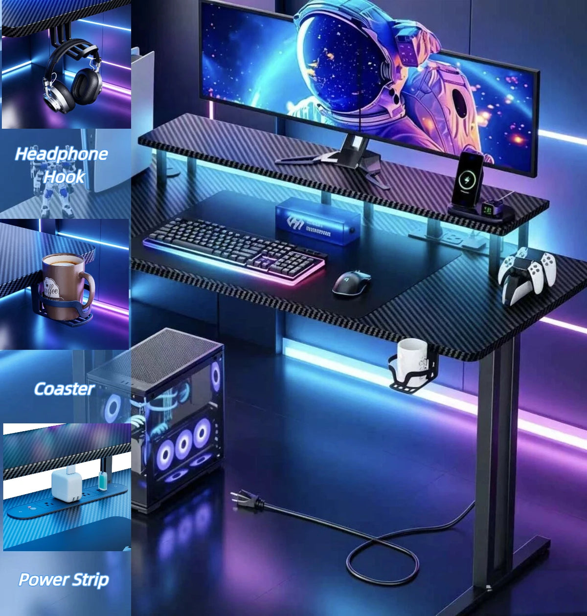NEBMAAX RGB Gaming Desk With LED Lights And Power Strip