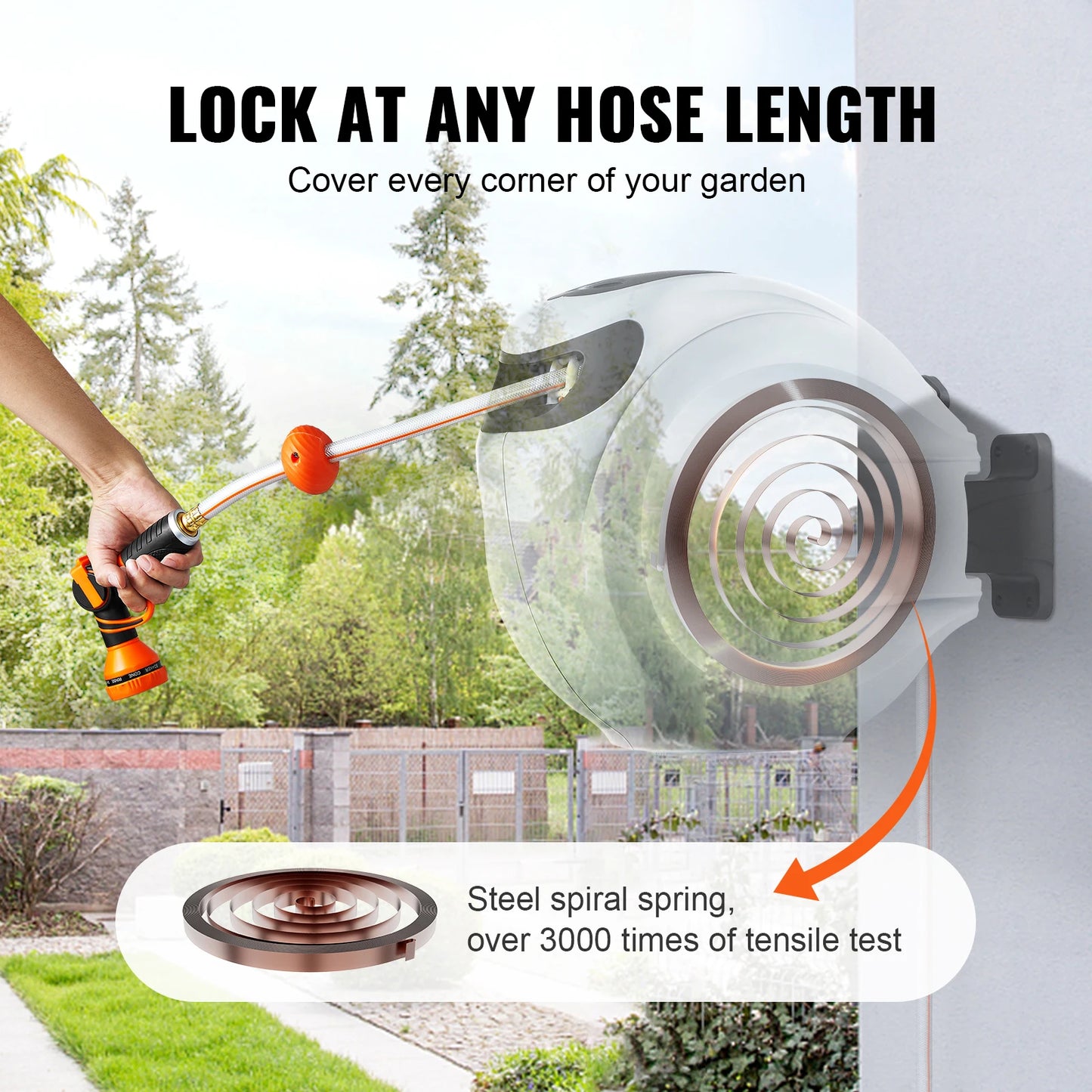 SucceBuy Retractable Garden Hose Reel With 9-Pattern Nozzle And Auto Rewind
