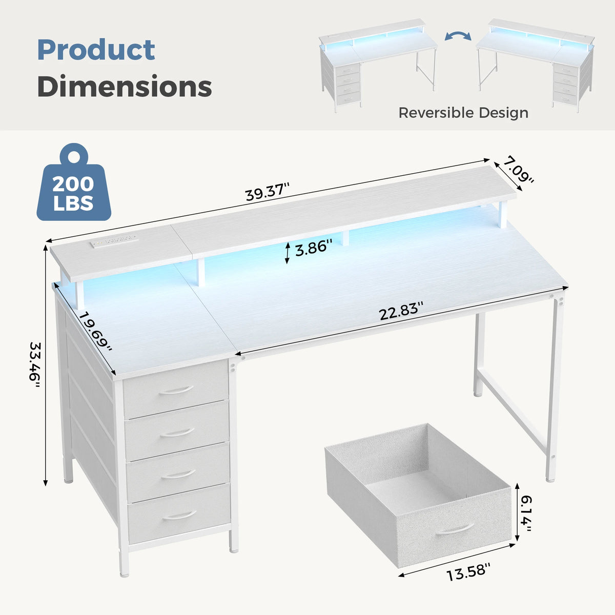 JHK 40In to 47In Gaming Computer Desk with 4 Storage Drawers Wood Office Desks with Power Outlets and LED Lights for Home Office