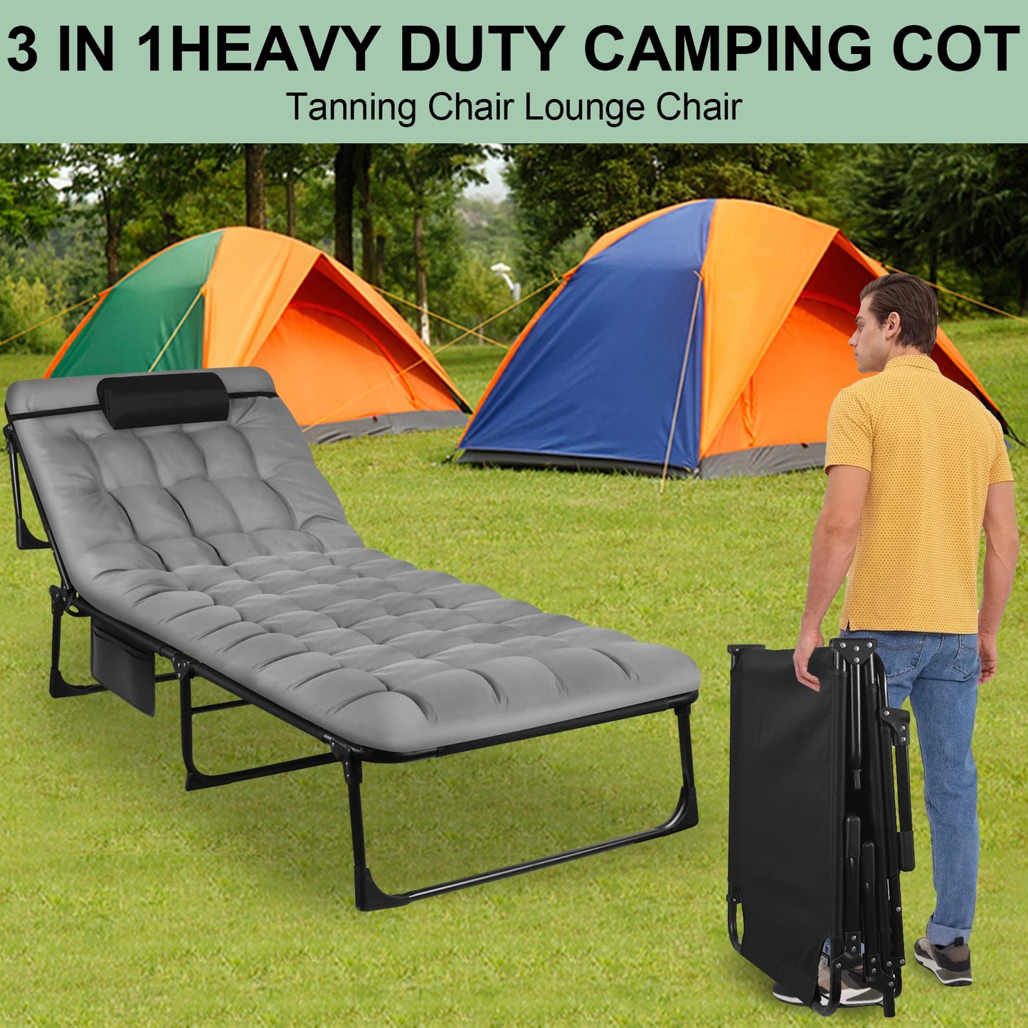 Portable Adjustable Folding Camping Cot With Comfort Support Pillow