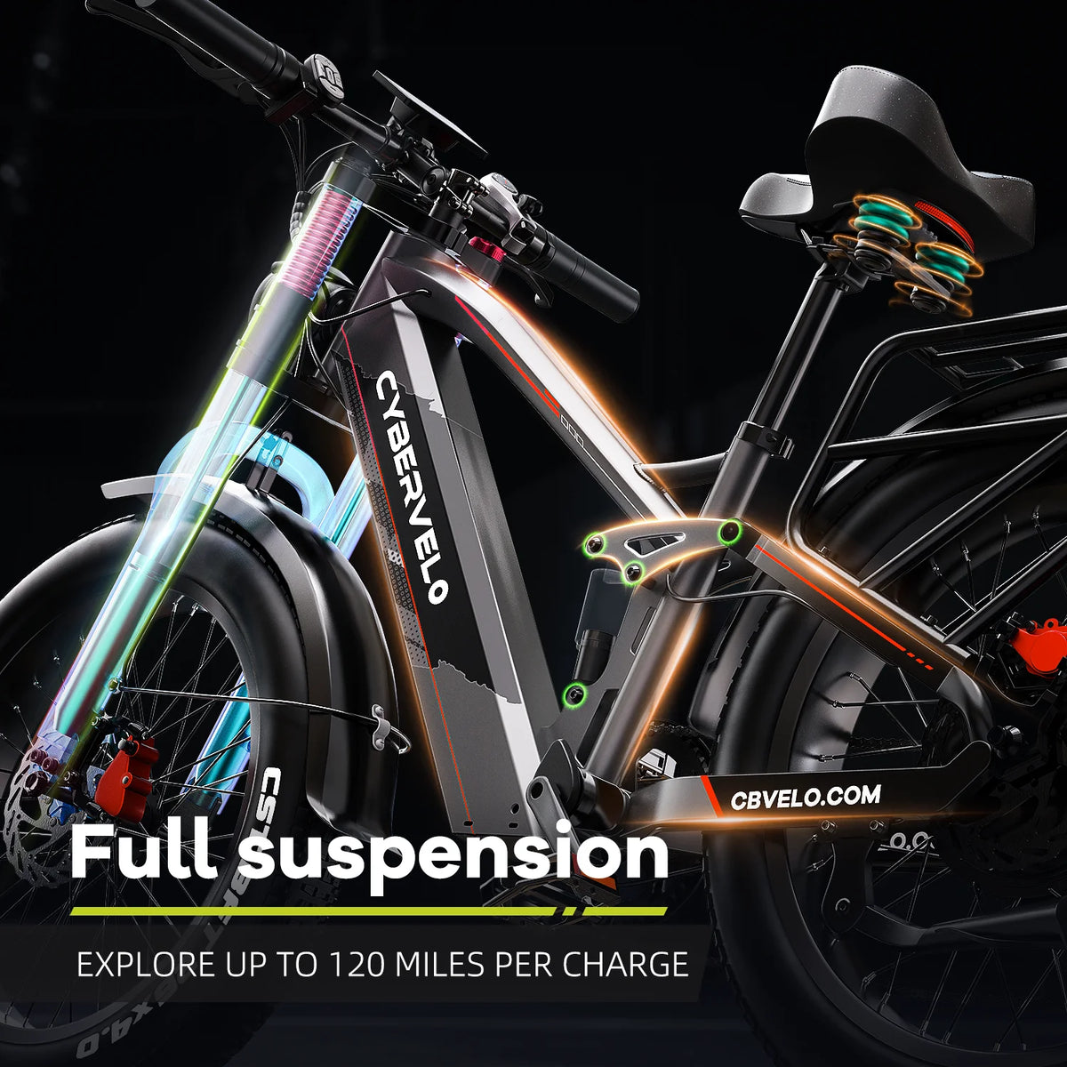 Cybervelo 5000W Peak Fat Tire Electric Bike 26"x4.0 All Terrain Mountain Commuter Ebike 7-Speed Up to 120 Miles 52V 40Ah/60V 50Ah Battery EK9
