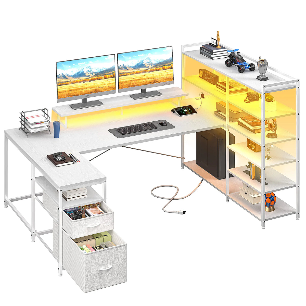 EnHomee Gaming Desk With Storage Shelves, Drawers And USB Outlet