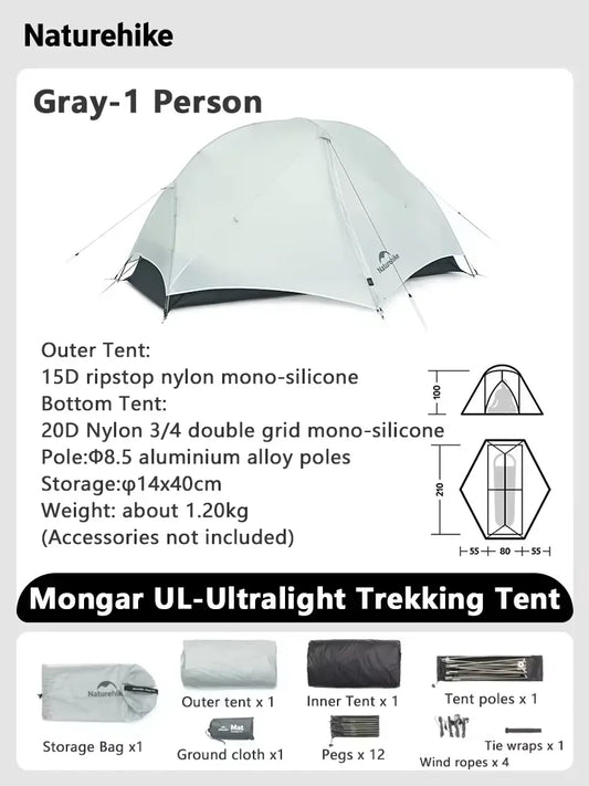 Naturehike Mongar UL Ultralight Backpacking Tent 15D Nylon Waterproof Hiking Tent 1/2 Person Riding Travel Trekking Shelter Tent