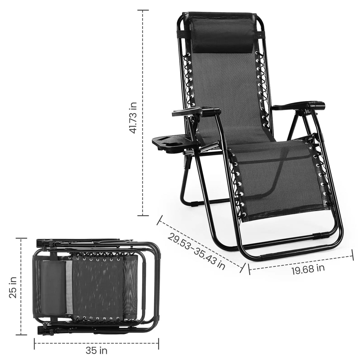 JHK Zero Gravity Portable Recliner With Cup Holder And Pillow